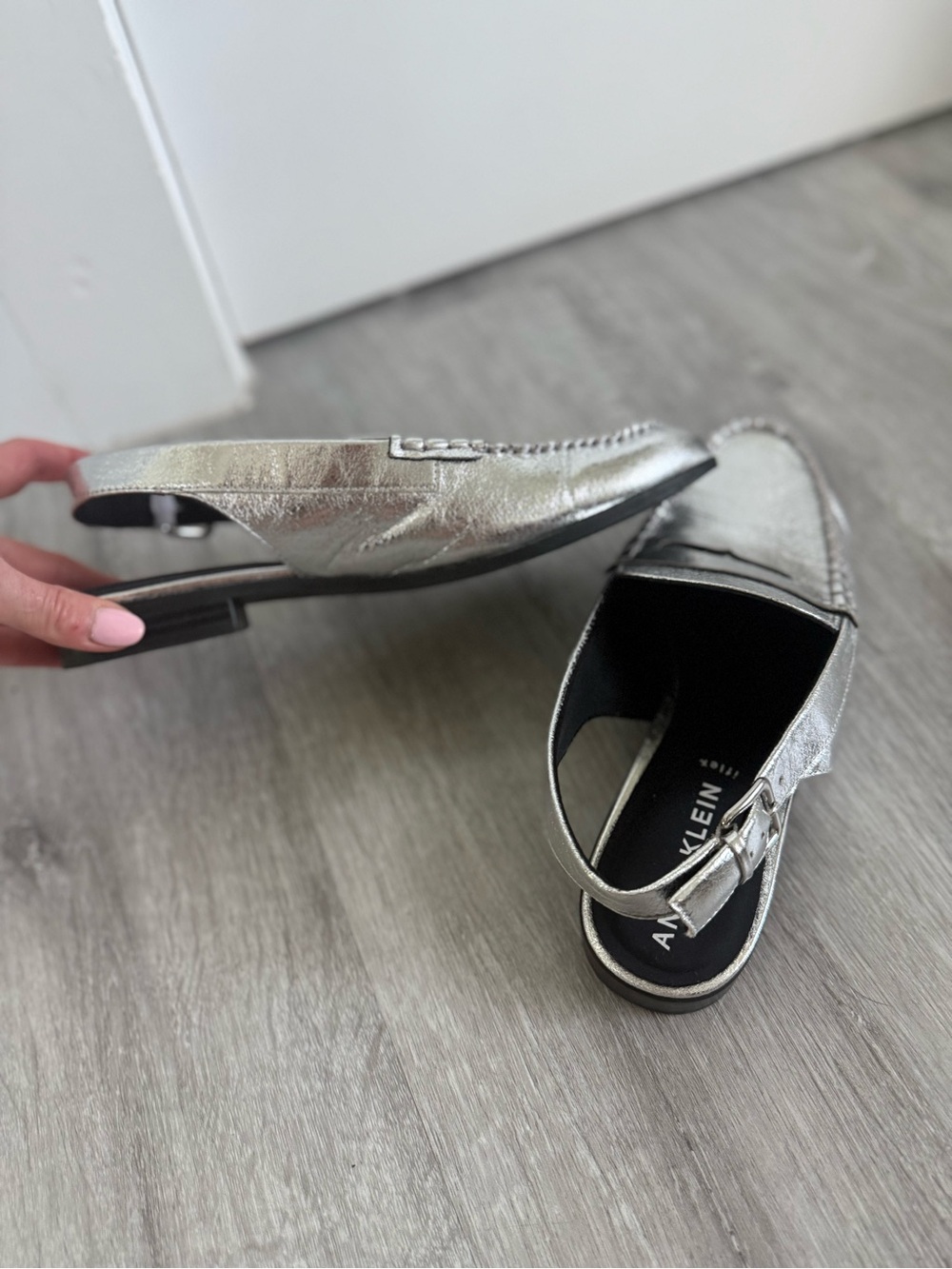 Anne Klein Metallic Silver Slingback Penny Mule Loafers - Picture 3 of 6